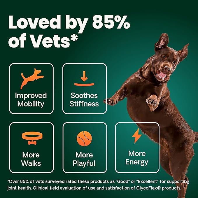 VetriScience Ultimate Strength Healthy Hip & Joint Chews, GlycoFlex Glucosamine, Chondroitin & GreenLipped Mussel Support Supplement for Dogs, Soothe Joint Discomfort, Duck,120 Ct (Pack of 2)