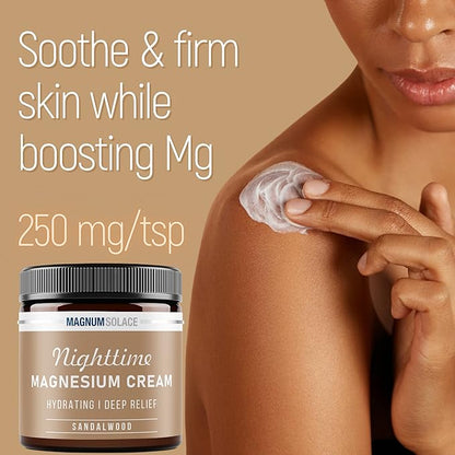 Magnum Solace Magnesium Lotion – Nighttime Magnesium Cream – Apply to Leg Muscles, Arms or Chest - Topical Magnesium Chloride – USA Made and Safe for Kids (Sandalwood) 4 Fl Oz (Pack of 1)