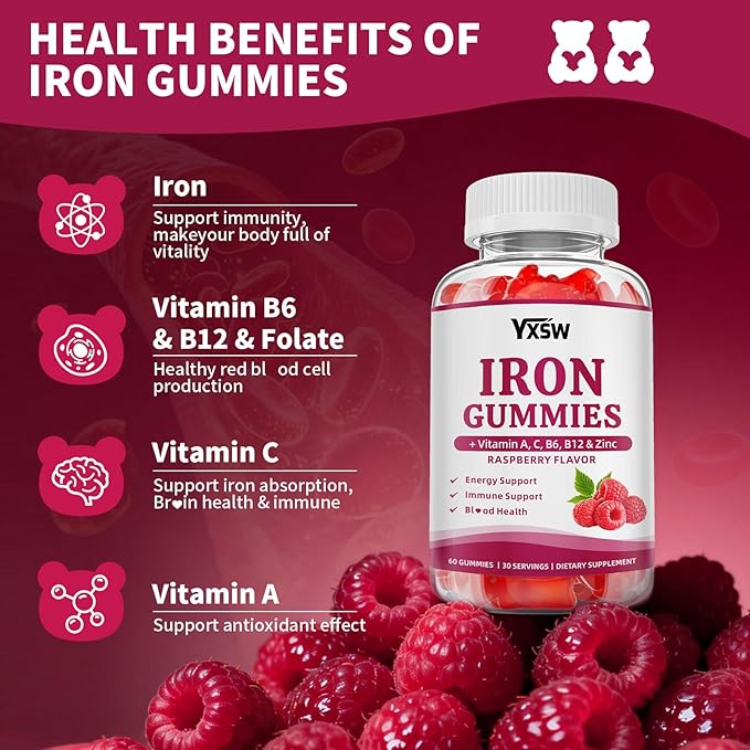 Iron Gummies for Women & Men, Vegan Iron Supplement Gummies with Vitamin C, A, B-Complex, Folate, Zinc- for Immune Health & Energy Support, Raspberry Flavor, 120 Count