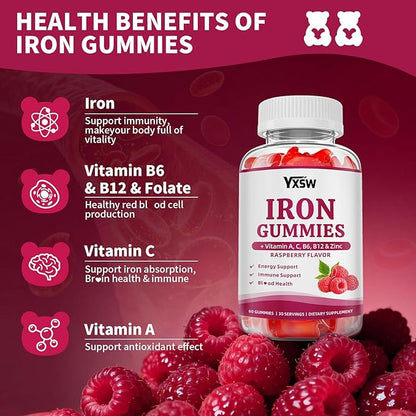 Iron Gummies for Women & Men, Vegan Iron Supplement Gummies with Vitamin C, A, B-Complex, Folate, Zinc- for Immune Health & Energy Support, Raspberry Flavor, 60 Count
