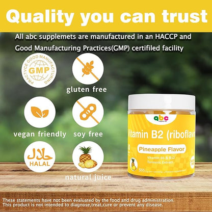 Vitamin B2 Gummies Riboflavin 400mg for Men Chewable B2 Vitamins for Adults with B Complex Turmeric Extract for Digestive Comfort,Nervous System Support, Vegan, Sugar-Free, Pineapple Flavor,60 Count