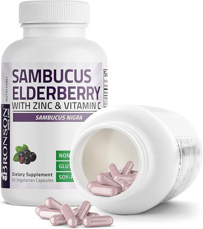 Bronson Sambucus Elderberry with Zinc & Vitamin C Triple Immune Support Complex Immune & Antioxidant Protection, Non-GMO, 60 Vegetarian Capsules