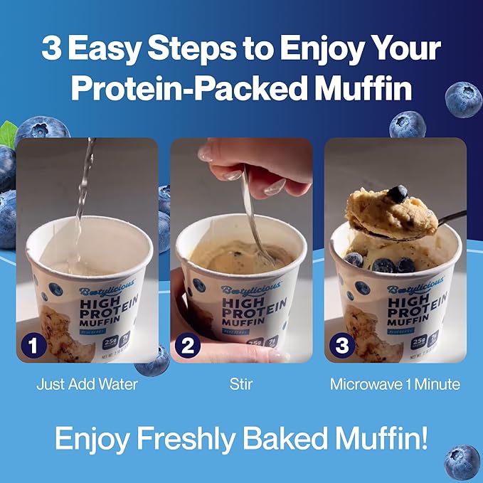 Bootylicious | 25g Protein Muffin | Blueberry | Low Carb, 14g Fiber, Low Glycimic Index, Low Sugar, 2.29 Cup, 12-Pack