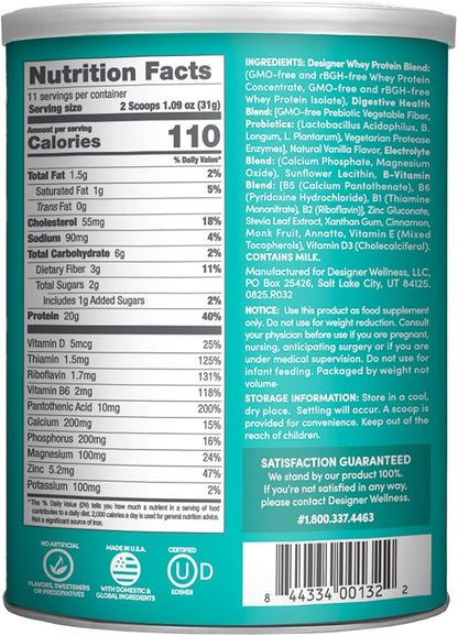 Designer Wellness, Designer Whey, Natural Whey Protein Powder with Probiotics, Fiber, and Key B-Vitamins for Energy, Gluten-Free, French Vanilla, 12oz