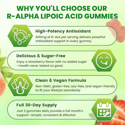 R Alpha Lipoic Acid 600mg Gummies, Stabilized R-Alpha Lipoic Acid, ALA Supplement for Nerve Health, Antioxidant & Metabolism Support- Vegan, Non-GMO, Gluten Free, Strawberry Flavor - 120 Count