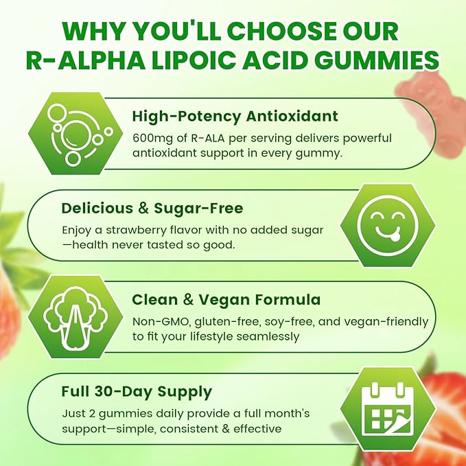 R Alpha Lipoic Acid 600mg Gummies, Stabilized R-Alpha Lipoic Acid, ALA Supplement for Nerve Health, Antioxidant & Metabolism Support- Vegan, Non-GMO, Gluten Free, Strawberry Flavor - 60 Count