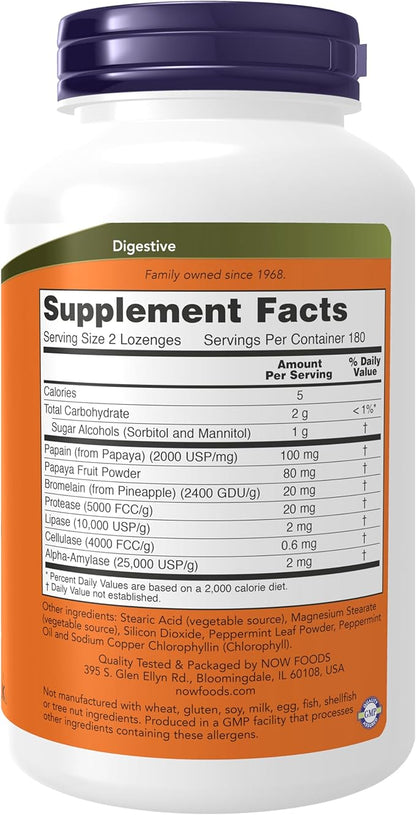 NOW Foods Supplements,Papaya Enzyme with Mint and Chlorophyll,Digestive Support*,360 Chewable Lozenges,(Pack of 2)