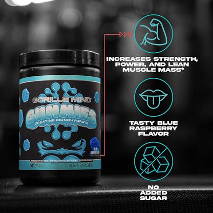 Gorilla Mind Creatine Gummies - Third-Party HPLC Tested | 5g Creapure® Creatine Monohydrate | Verified Potency & Purity | Strength · Power · Lean Muscle | No Added Sugar | Blue Raspberry Flavor