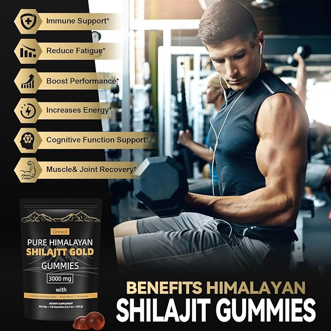 Grevol Himalayan Shilajit Gummies with Ashwagandha Fulvic Acid & 85+ Trace Minerals - No Added Sugar - Individually Wrapped - 120 Gummy