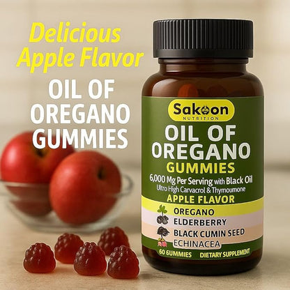 Sakoon nutrition Oil of Oregano Gummies – Immune Support with Oregano Oil 300mg, Black Cumin Seed, Elderberry, Echinacea – Antioxidants & Respiratory Health – Vegan, Non-GMO, Tasty Herbal Supplement
