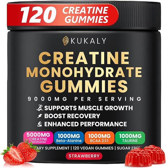 Creatine Monohydrate Gummies for Men & Women, 9000MG Creatine Gummies Sugar Free with L-Taurine, BCAA 2:1, B12 B6 for Boost Strength, Focus & Endurance, Vegan, Non-GMO, Strawberry, 120pcs