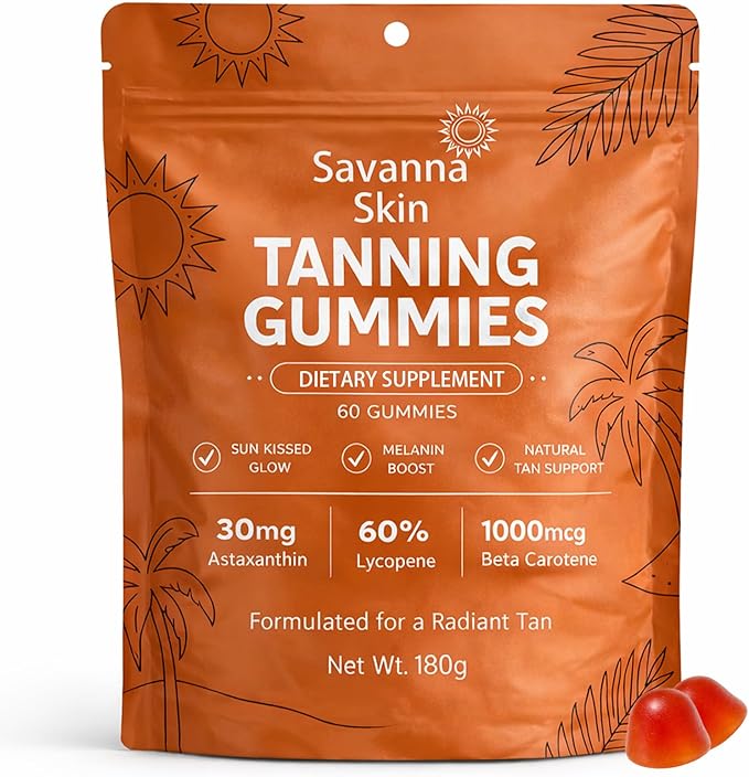 Savanna Skin Tanning Gummies, with Vitamin C & E, Astaxanthin, Beta Carotene, Skin Radiance & Hydration for Natural Looking Glow, Bronzing, Non-GMO, Vegan & Sugar Free - 60 Count (1)
