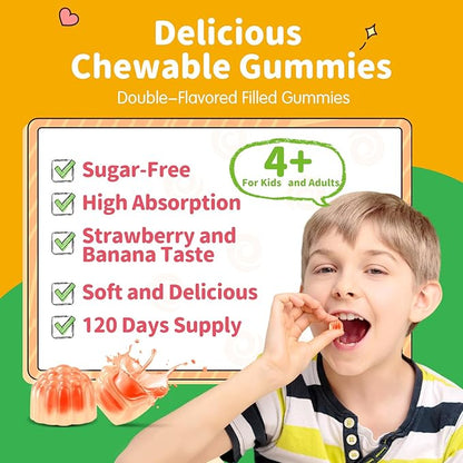 Magnesium Gummies for Kids - Magnesium Glycinate Gummies with L-Theanine, Vitamin B6, D3 for Kids & Adults Sleep, Calm, Relaxation, Brain, Bones, Muscle Relief, Sugar Free Banana & Strawberry 120ct