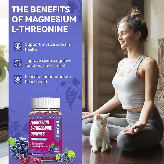 Magnesium Threonine Gummies 1000mg, L-Threonine Gummies for Adults, Great Magnesium Supplements for Brain, Non-GMO, Gluten Free, Vegan, 120 Grape Magnesium Gummies