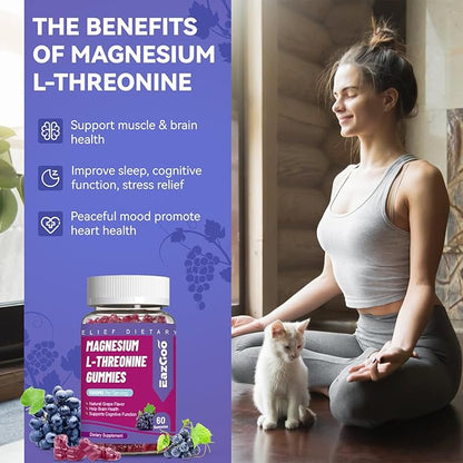 Magnesium Threonine Gummies 1000mg, L-Threonine Gummies for Adults, Great Magnesium Supplements for Brain, Non-GMO, Gluten Free, Vegan, 60 Grape Magnesium Gummies, 30 Day Supply