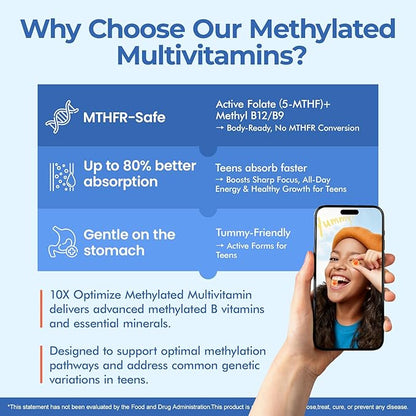 Methylated Multivitamin Gummies for Teens & Kids with Methylfolate, Methyl B12 & Omega3, Teen Vitamins for Boys & Girls 10-19 with Multi-Minerals for Teenager Focus, Energy, Growth, Skin, Eyes, Immune