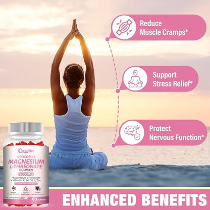 3000mg Liposomal Magnesium Threonate Gummies, Magnesium Glycinate Supplements, Liposomal Enhance 98% Absorption, Intestinal Tolerance, Muscle & Nervous System Support for Adults