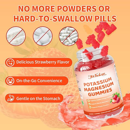 Potassium Magnesium Gummies – High Absorption Magnesium Glycinate – Magnesium Potassium Supplement Gummies with Vitamin B6, D3, B12 for Muscle Support, Sugar-Free Strawberry Flavor, 60 Count