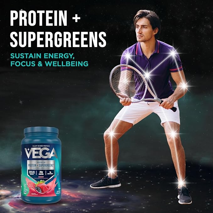 Vega Protein + Supergreens - 20g Plant-Based Protein, Berry, 26 Servings, Real Greens & Veggies, Vegan Keto, 0g Added Sugar, Non-GMO, Gluten Free, Dairy Free, 1.7lbs (Packaging May Vary)