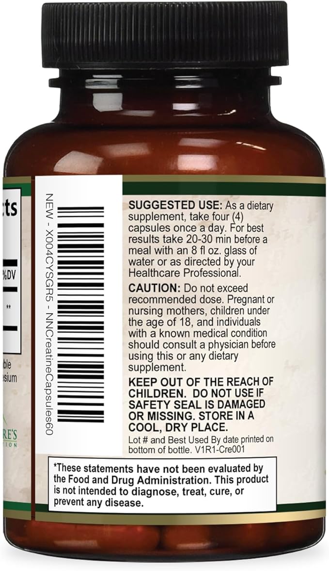 Creatine Monohydrate 3000mg Per Serving – Micronized Creatine Powder Capsules - Supports Lean Muscle, Strength, Energy, & Endurance - Nature's Supplement, Non-GMO, Bottled in USA - 60 Capsules