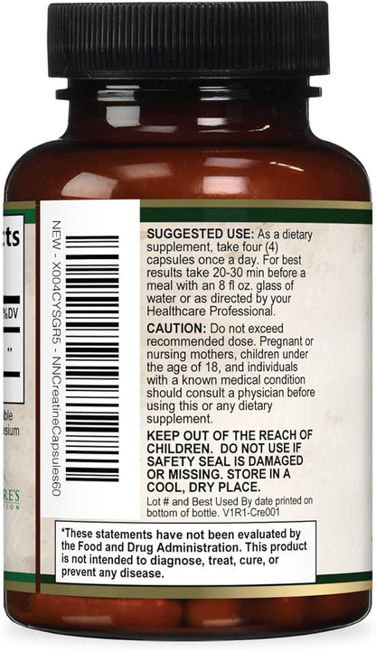 Creatine Monohydrate 3000mg Per Serving – Micronized Creatine Powder Capsules - Supports Lean Muscle, Strength, Energy, & Endurance - Nature's Supplement, Non-GMO, Bottled in USA - 60 Capsules