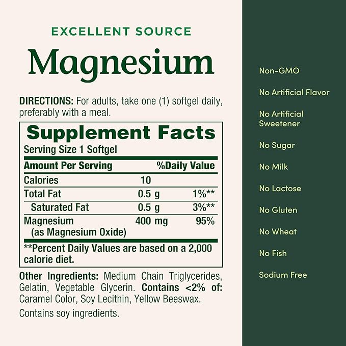 Nature's Bounty Magnesium 400 mg Softgel, Whole Body Support, Magnesium Supplements for Men and Women, Heart, Nerve & Bone Health, 75 Softgels (Pack of 1)