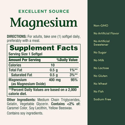 Nature's Bounty Magnesium 400 mg Softgel, Whole Body Support, Magnesium Supplements for Men and Women, Heart, Nerve & Bone Health, 75 Softgels (Pack of 1)