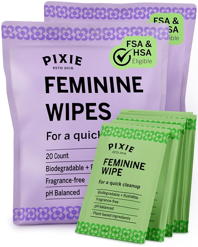 Pixie Feminine Wipes - Flushable, Biodegradable, & Ph Balanced - Individually Wrapped Packet Wipes for On The Go & Public Bathrooms - Wash & Cleaner For Your Menstrual Cups & Discs (2 Packs of 20)