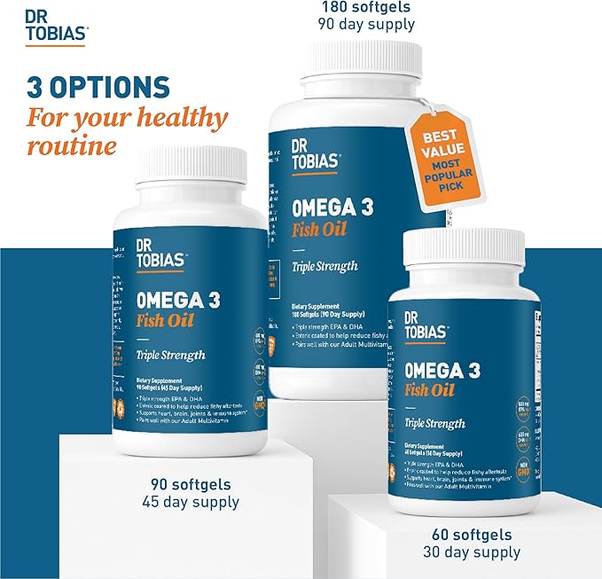 Dr. Tobias Omega 3 Fish Oil 2000mg Triple Strength with 800mg EPA 600mg DHA Per Serving | Fish Oil Omega 3 Supplements for Heart Brain & Immune Support - 360 Softgels (180 Servings)