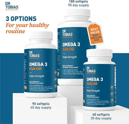 Dr. Tobias Omega 3 Fish Oil 2000mg Triple Strength with 800mg EPA 600mg DHA Per Serving | Fish Oil Omega 3 Supplements for Heart Brain & Immune Support - 180 Softgels (90 Servings)