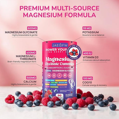 Magnesium Glycinate Gummies 1000mg – x2 High Absorption Magnesium Gummies for Women, Men & Kids – Sugar Free Vegan Supplement with CoQ10