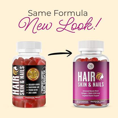 Grab The Gold Hair Skin & Nails Vitamins for Women | Gummies with 6000mcg Biotin & Collagen | 10 Essential Vitamin & Minerals | Gluten-Free, Non-GMO, Passion Fruit Flavor | 1 Month Supply, Made in USA