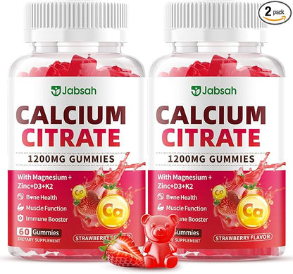 Calcium Citrate Gummies 1200mg, High Absorption Calcium Supplements with Vitamin D3, K2, Magnesium, Zinc for Bone, Muscle & Immune Support, Calcium Gummies for Women & Men, Strawberry Flavor 120 Count