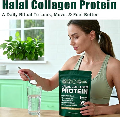 Halal Collagen Protein Powder - Pure Halal Collagen Peptides Grass Fed Organic Hydrolyzed Powder, Skin Glows | Joints Support | Gut Support, Non GMO, Sugar Free, Unflavoured, 30 Servings