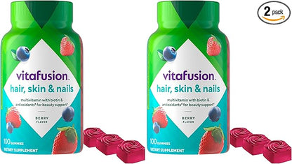 Vitafusion Gorgeous Hair, Skin Nails Multivitamin Gummy Vitamins, Plus Biotin and Antioxidant Vitamins CE, Raspberry Flavor, from America’s,100ct (33 Day Supply) (Pack of 2)