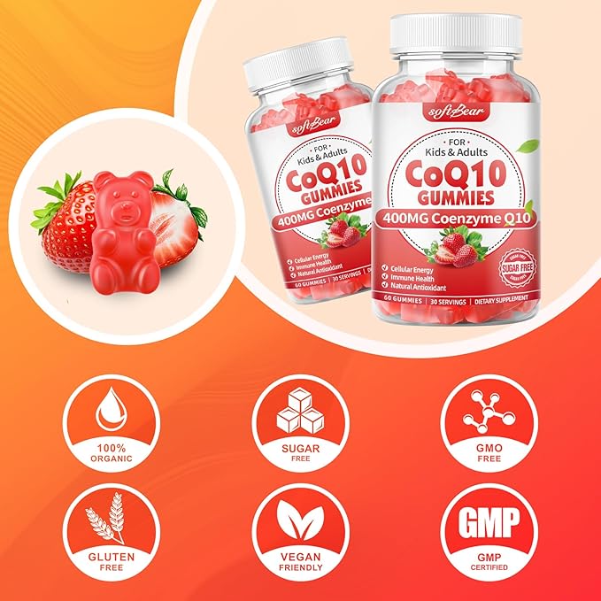 softbear CoQ10 Gummies 400mg Coenzyme Q10 Supplement for Adults, High Absorption coq10 Plus Omega-3, Magnesium, Vitamin B3 & Zinc for Cellular Energy & Antioxidant, Strawberry Flavor 120 Count