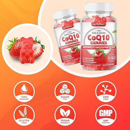 softbear CoQ10 Gummies 400mg Coenzyme Q10 Supplement for Adults, High Absorption coq10 Plus Omega-3, Magnesium, Vitamin B3 & Zinc for Cellular Energy & Antioxidant, Strawberry Flavor 60 Count