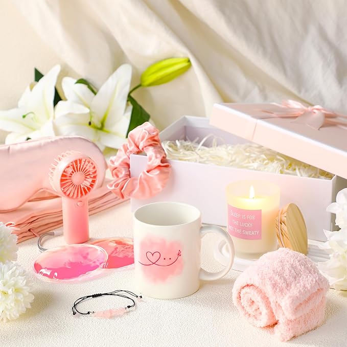 11 Pcs Mother's Day Menopause Gift for Women Care Baskets Box Pink Menopause Support Gifts Calming Anxiety Stress Relief Set for Birthday