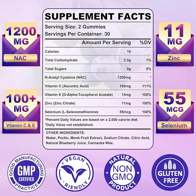 2 Pack N-Acetyl Cysteine Gummies for Kids & Adults, N-Acetyl Cysteine Supplement with Selenium Zinc Vitamin C & E for Liver Health, Antioxidant, Immune System, 120 Count, Sugar Free