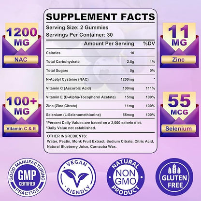 2 Pack N-Acetyl Cysteine Gummies for Kids & Adults, N-Acetyl Cysteine Supplement with Selenium Zinc Vitamin C & E for Liver Health, Antioxidant, Immune System, 120 Count, Sugar Free
