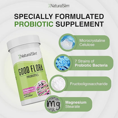 NaturalSlim Good Flora, Probiotics for Women & Men - Gut Health Supplements with 7 Powerful Strains for De-Bloating & Vitality - Probiotics for Digestive Health, 60 Vegetarian Capsules, Solo