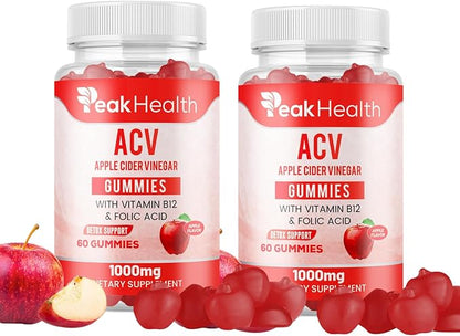 Apple Cider Vinegar Gummies with Vitamins - Delicious Apple Flavor for Women's Health, Metabolism Support & Digestive Wellness, 1000mg ACV with B12, B6, Folic Acid, 120 Vegan Gummies