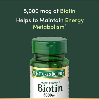 Nature's Bounty Biotin, Supports Metabolism for Cellular Energy and Healthy Hair, Skin, and Nails, 5000 mcg, 60 Quick Dissolve Tablets