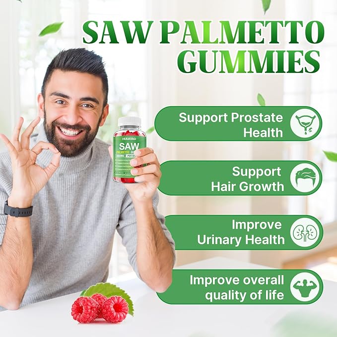 Saw Palmetto Gummies 600mg Saw Palmetto Supplement with Pumpkin Seed Oil, Biotin, Prostate Health Supplements for Men, Advanced DHT Blocker, Hair & Urinary Health Support, Raspberry Flavor, 60 Counts