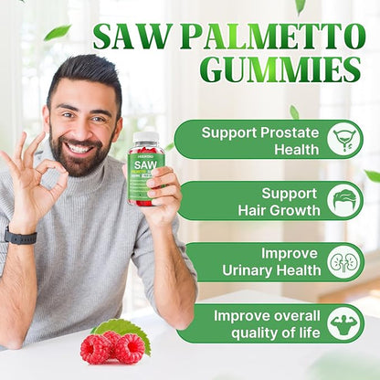 Saw Palmetto Gummies 600mg Saw Palmetto Supplement with Pumpkin Seed Oil, Biotin, Prostate Health Supplements for Men, Advanced DHT Blocker, Hair & Urinary Health Support, Raspberry Flavor, 60 Counts