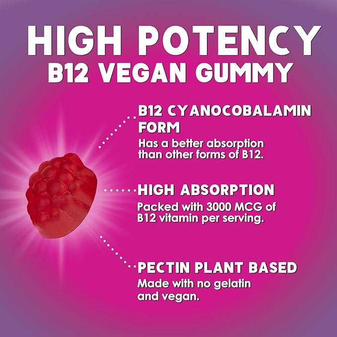 Vitamin B12 Energy Gummies - 3000 mcg per Serving Extra Strength B 12 Gummy for Metabolism & Immune System Support - Chewable Dietary B12 Supplements, Caffeine Free Gummy Vitamin - 60 Gummies