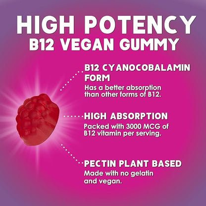 Vitamin B12 Energy Gummies - 3000 mcg per Serving Extra Strength B 12 Gummy for Metabolism & Immune System Support - Chewable Dietary B12 Supplements, Caffeine Free Gummy Vitamin - 120 Gummies