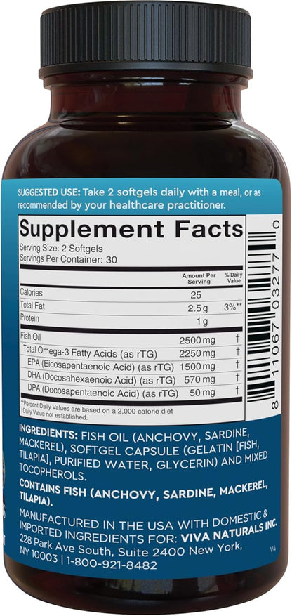 Viva Naturals Omega-3 Fish Oil, Triple Strength, 2500 mg, 60 Softgels – Re-Esterified Omega 3 Fatty Acids Including EPA, DHA, DPA - Pascatarian-Friendly