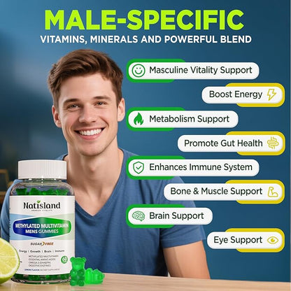 Methylated Multivitamin for Men Gummies, Men`s Multivitamins Gummies with Vitamin B Complex, A, C ,D3, E, K2, Calcium, Magnesium, Omega-3, Energy & Immune, Vegan, 50 Plus, Sugar Free, 60 Count