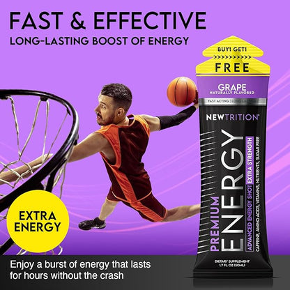 NewTrition® Extra Strength Energy Shots, 1.7 fl oz - 250mg Caffeine with Vitamin B & Amino Acids, Sugar-Free, Zero Calorie Vitamin Energy Drink for Focus & Endurance (Pack of 12, Grape)